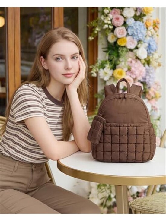 Puffy Checkered Quilted Mini Backpack 2-in-1 Set Women Coffee Brown Bag main image 3